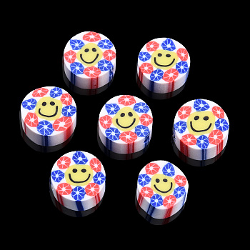 Handmade Polymer Clay Beads, Flat Round with Smiling Face & Flower, White, 8.5~10x4.5mm, Hole: 1.5mm