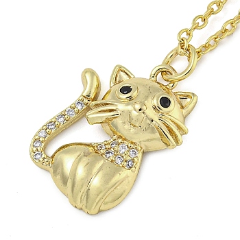 Brass Micro Pave Clear Cubic Zirconia Cat Pendant Necklaces for Women, Golden, 18.31 inch(46.5+5.2cm), pendant: 20x14.5mm