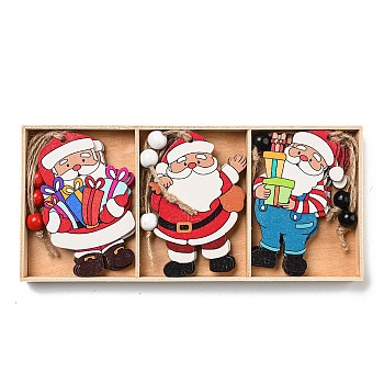 9Pcs 3 Styles Christmas Wood Pendant Decorations Set, Burlap Ropes for Christmas Tree Hanging Ornaments, Santa Claus, 160~165mm, 3pcs/style