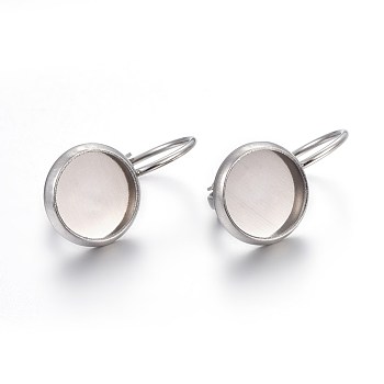 304 Stainless Steel Leverback Earring Settings, Flat Round, Stainless Steel Color, Tray: 8mm, 18x10x11mm, Pin: 0.7mm