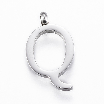 304 Stainless Steel Pendants, Initial Letter, Letter.Q, Stainless Steel Color, 18x11x2mm, Hole: 2mm