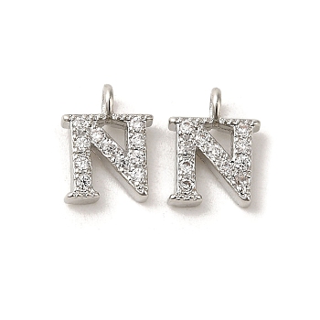 Initial Letter Brass Micro Pave Cubic Zirconia Pendants, Letter N, 9~10x4~10x1.5~2mm, Hole: 1.5mm