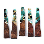 Transparent Resin & Walnut Wood Pendants, with Gold Foil, Trapezoid Charms, Waxed, Turquoise, 44.5x8x3mm, Hole: 2mm(RESI-N039-67D)
