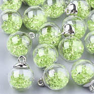 Glass Ball Pendants, with Rhinestone and CCB Plastic Findings, Round, Platinum, Lime, 21x15.5~16mm, Hole: 2mm(GLAA-T003-04C)
