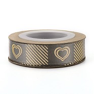 Polyester Ribbons, Single Face Golden Hot Stamping, for Gifts Wrapping, Party Decoration, Heart Pattern, Rosy Brown, 5/8 inch(17mm), 10yards/roll(9.14m/roll)(SRIB-H038-02A)