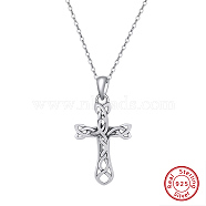 Rhodium Plated 925 Sterling Silver Knot Cross Pendant Necklaces for Women, Retro Style, Real Platinum Plated, 17.72 inch(45cm)(NJEW-F323-03P)