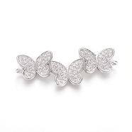 Brass Micro Pave Clear Cubic Zirconia Links connectors, Butterfly, Platinum, 13x35x2.5mm, Hole: 1.5mm(ZIRC-L085-56P)