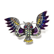 Owl Enamel Pins, Alloy Rhinestone Brooches for Backpack Clothes, Colorful, 38.5x56mm(JEWB-Q009-09AS)