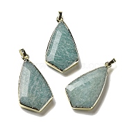 Natural Amazonite Pendants, Faceted Kite Charms, with Rack Plating Golden Plated Brass Edge, 34.5~35x18.5~19x6.5mm, Hole: 4x6mm(G-A099-01G-03)