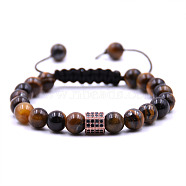 Natural Tiger Eye Braided Bead Bracelets, Column Brass Micro Pave Cubic Zirconia Adjustable Bracelets(TW4699-3)