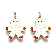 316 Surgical Stainless Steel Enamel Pendants, with Jump Rings, Christmas Style Gingerbread man, White, Real 14K Gold Plated, 15.5x12x1mm, Jump Ring: 3.8x0.6mm, 2.6mm inner diameter(STAS-S116-377G)