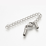 Tarnish Resistant 201 Stainless Steel Chain Extender, with Tube Cord Ends and Lobster Claw Claspss, Stainless Steel Color, 28mm long, Lobster: 9x6x3mm, Cord End: 7.5x2.5mm, 2mm Inner Diameter, Chain Extenders: 48~50mm(STAS-S076-82)