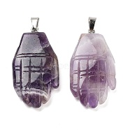 Natural Amethyst Carved Pendants, Hand Charms with Platinum Platinum Tone Metal Snap on Bails, 44x23x5mm, Hole: 7x4mm(G-K369-01P-06)