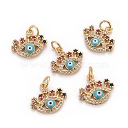 Brass Micro Pave Cubic Zirconia Charms, with Enamel and Jump Rings, Evil Eye, Colorful, Golden, 13x15x3.5mm, Hole: 3mm(X-ZIRC-L070-47G)
