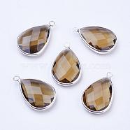 Silver Color Plated Brass Glass Teardrop Pendants, Faceted, Tan, 18x10x5mm, Hole: 2mm(GLAA-M006-A-08S)