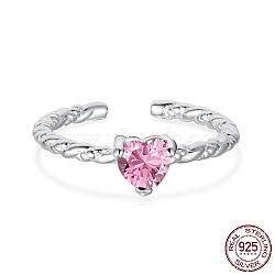 Rhodium Plated 925 Sterling Silver Twist Open Finger Rings, Birthstone Ring, with Cubic Zirconia for Women, Heart Cuff Ring, Real Platinum Plated, Pink, 1.8mm, US Size 7(17.3mm)(RJEW-A019-53P-01)