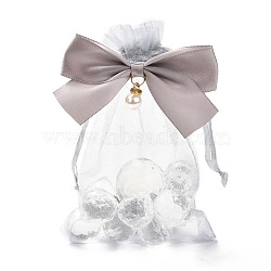 Rectangle Lace Organza Drawstring Gift Bags, with Bowknot and Pearl Bead, for Wedding Party Storage Bags, WhiteSmoke, 14.55x9.7x0.05cm(OP-K002-03)