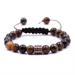 Natural Tiger Eye Braided Bead Bracelets, Column Brass Micro Pave Cubic Zirconia Adjustable Bracelets(TW4699-3)