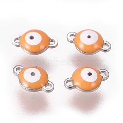 304 Stainless Steel Enamel Links connectors, Flat Round with Evil Eye, Stainless Steel Color, Orange, 9.5x6x3.5mm, Hole: 1.2mm(STAS-F206-02P-A06)