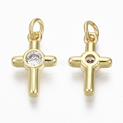 Brass Micro Pave Cubic Zirconia Tiny Cross Charms, with Jump Ring, Nickel Free, Clear, Real 18K Gold Plated, 12x8x2.5mm, Hole: 2mm(ZIRC-R109-041-NF)