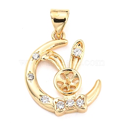 Brass Micro Cubic Zirconia Peg Bail Charms, for Baroque Pearl Making, Rabbit with Moon, Real 14K Gold Plated, 19.5x15.5x3.5mm, Hole: 4.5x3.5mm, Pin: 0.8mm(KK-Q794-04C-G)