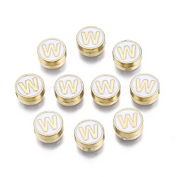 Alloy Enamel Beads, Cadmium Free & Lead Free, Light Gold, Flat Round with Alphabet, White, Letter.W, 8x4mm, Hole: 1.5mm(ENAM-N052-006-01W-RS)