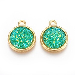 Resin Pendants, with Golden Tone Alloy Findings, Flat Round, Spring Green, 18x15x3.5~4mm, Hole: 1.8mm(RESI-F015-A13)
