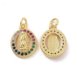 Brass Micro Pave Cubic Zirconia Pendants, with Jump Ring, Oval with Religion Virgin Mary Charm, Real 18K Gold Plated, 16x12x3mm, Hole: 3.5mm(KK-E068-VF129)