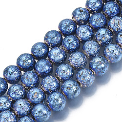 Electroplated Natural Lava Rock Beads Strands, Round, Bumpy, Blue, 8.5mm, Hole: 1mm, about 47pcs/Strand, 15.35 inch(39cm)(G-S352-30C-01)