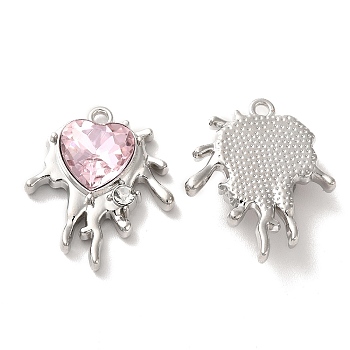 Alloy Pendant, with Glass, Platinum, Lead Free & Cadmium Free, Melting Heart Charm, Misty Rose, 24x20.5x6mm, Hole: 1.6mm