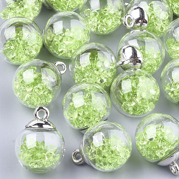 Glass Ball Pendants, with Rhinestone and CCB Plastic Findings, Round, Platinum, Lime, 21x15.5~16mm, Hole: 2mm