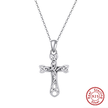 Rhodium Plated 925 Sterling Silver Knot Cross Pendant Necklaces for Women, Retro Style, Real Platinum Plated, 17.72 inch(45cm)