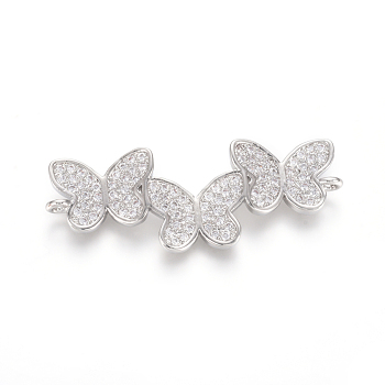 Brass Micro Pave Clear Cubic Zirconia Links connectors, Butterfly, Platinum, 13x35x2.5mm, Hole: 1.5mm