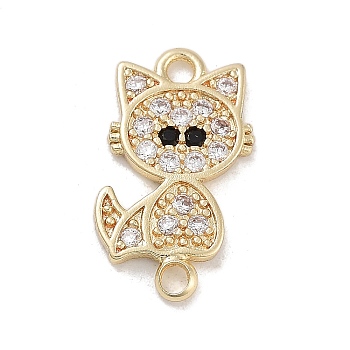 Brass Pave Clear & Black Cubic Zirconia Pet Kitten Connector Charms, Cat Shape Charms, Real 14K Gold Plated, 15x8.5x1.5mm, Hole: 1.4mm