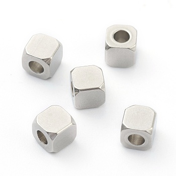 304 Stainless Steel Beads, Cube, Faceted, Stainless Steel Color, 4x4x4mm, Hole: 2mm