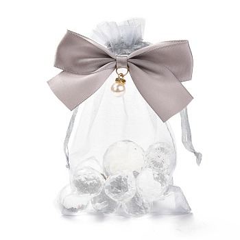 Rectangle Lace Organza Drawstring Gift Bags, with Bowknot and Pearl Bead, for Wedding Party Storage Bags, WhiteSmoke, 15x10x0.05cm