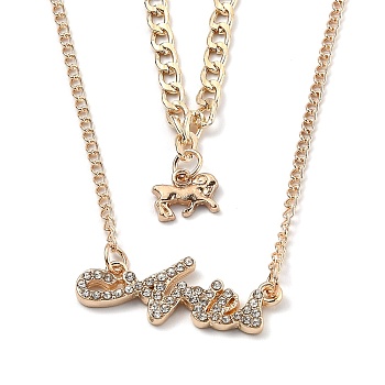 Alloy Double Layered Necklaces, Pendant Necklaces, with Glass Rhinestone, Constellation/Zodiac Sign, Golden, Aries, Word: 30x12x2mm, 16.14 inch(41cm)
