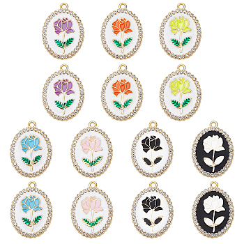 CHGCRAFT 14Pcs 7 Colors Rack Plating Alloy Enamel Pendants, with Crystal Rhinestone, Cadmium Free & Nickel Free & Lead Free, Light Gold, Oval with Flower of Life, Mixed Color, 27x19.5x2.5mm, Hole: 1.6~1.8mm, 2pcs/color