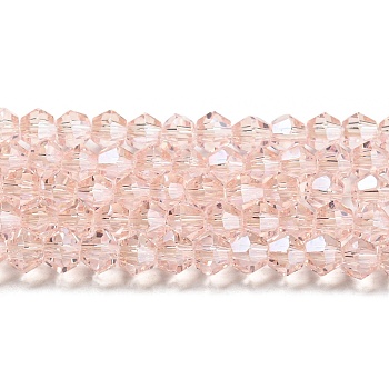 Transparent Electroplate Glass Beads Strands, Pearl Luster Plated, Faceted, Bicone, Misty Rose, 4x4mm, Hole: 0.8mm, about 87~98pcs/strand, 12.76~14.61 inch(32.4~37.1cm)