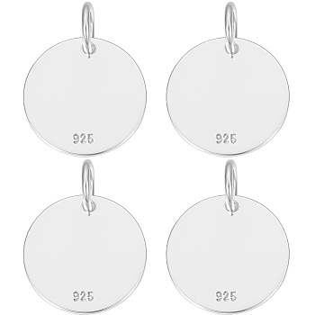 4Pcs 925 Sterling Silver Pendants, Flat Round Charms, with Jump Rings with 925 Stamp, Silver, 12x0.6mm, Hole: 3mm