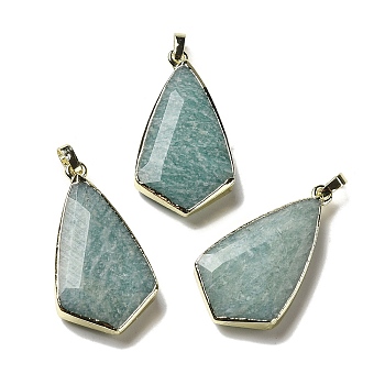 Natural Amazonite Pendants, Faceted Kite Charms, with Rack Plating Golden Plated Brass Edge, 34.5~35x18.5~19x6.5mm, Hole: 4x6mm