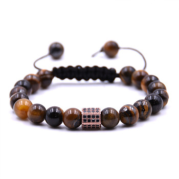 Natural Tiger Eye Braided Bead Bracelets, Column Brass Micro Pave Cubic Zirconia Adjustable Bracelets