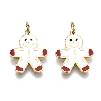 316 Surgical Stainless Steel Enamel Pendants, with Jump Rings, Christmas Style Gingerbread man, White, Real 14K Gold Plated, 15.5x12x1mm, Jump Ring: 3.8x0.6mm, 2.6mm inner diameter