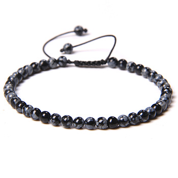 4mm Natural Snowflake Obsidian Beaded Braided Bracelets, Adjustable Women's Bracelets, 