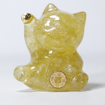 Natural Lemon Quartz Chip & Resin Craft Display Decorations, Lucky Cat Figurine, for Home Feng Shui Ornament, 63x55x45mm