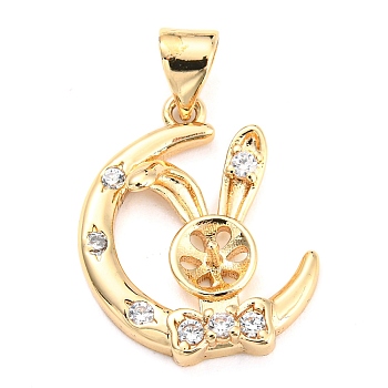 Brass Micro Cubic Zirconia Peg Bail Charms, for Baroque Pearl Making, Rabbit with Moon, Real 14K Gold Plated, 19.5x15.5x3.5mm, Hole: 4.5x3.5mm, Pin: 0.8mm