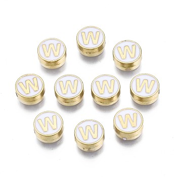 Alloy Enamel Beads, Cadmium Free & Lead Free, Light Gold, Flat Round with Alphabet, White, Letter.W, 8x4mm, Hole: 1.5mm