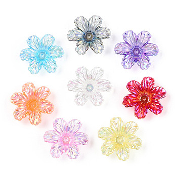 Transparent Acrylic Bead Caps, AB Color Plated, Flower, Mixed Color, 32x29x9mm, Hole: 1.8mm