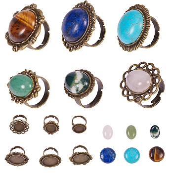 DIY Ring Making, with Vintage Adjustable Iron Finger Ring Components and Natural/Synthetic Gemstone Cabochons, Antique Bronze