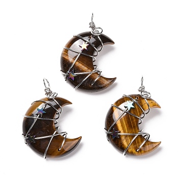 Natural Tiger Eye Pendants, with Platinum Tone Brass Wire Wrapped and Hematite Star Beads, Cadmium Free & Lead Free, Moon, 45.5~47x32.5~33.5x11~12mm, Hole: 5mm